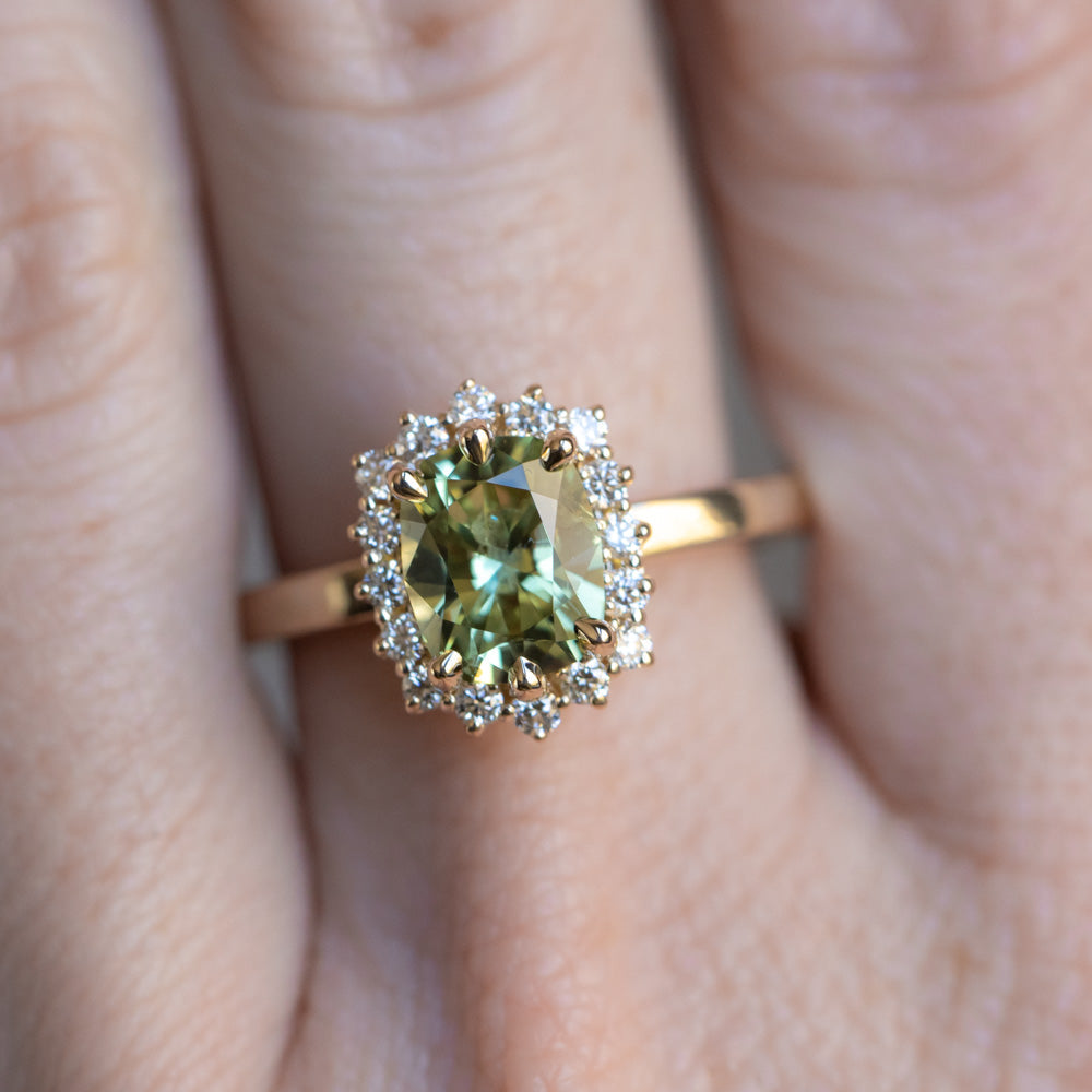 1.64ct Elongated Cushion Cut Green Montana Sapphire Antique-Style Diamond Halo Ring in 14k Green Gold