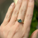 2.17ct Trillion Teal Blue Untreated Montana Sapphire and Antique Diamond Mountainscape Ring in 18k Yellow Gold