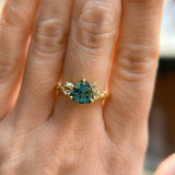 2.17ct Trillion Teal Blue Untreated Montana Sapphire and Antique Diamond Mountainscape Ring in 18k Yellow Gold
