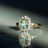 1.64ct Elongated Cushion Cut Green Montana Sapphire Antique-Style Diamond Halo Ring in 14k Green Gold