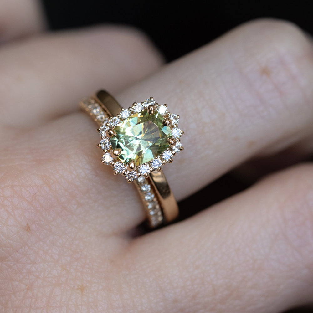 1.64ct Elongated Cushion Cut Green Montana Sapphire Antique-Style Diamond Halo Ring in 14k Green Gold