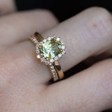 1.64ct Elongated Cushion Cut Green Montana Sapphire Antique-Style Diamond Halo Ring in 14k Green Gold