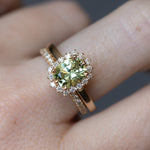 1.64ct Elongated Cushion Cut Green Montana Sapphire Antique-Style Diamond Halo Ring in 14k Green Gold