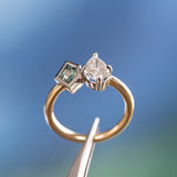 GIA 1.0ct Natural Pear Diamond and Geo Montana Sapphire Two Tone Toi Et Moi Ring in 18k Yellow Gold and Platinum