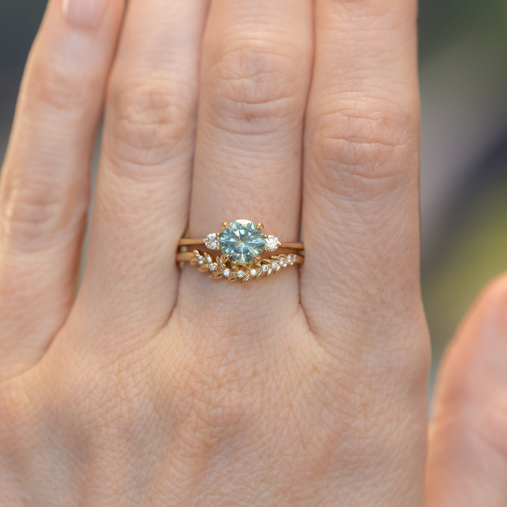 1.36ct Untreated Seafoam Round Montana Sapphire and Diamond Dainty Three Stone Ring in 18k Yellow Gold