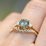 1.36ct Untreated Seafoam Round Montana Sapphire and Diamond Dainty Three Stone Ring in 18k Yellow Gold