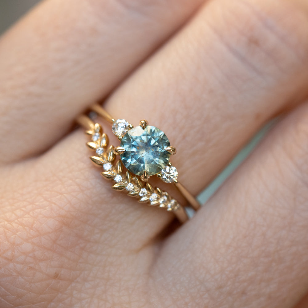 1.36ct Untreated Seafoam Round Montana Sapphire and Diamond Dainty Three Stone Ring in 18k Yellow Gold