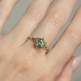 2.67ct Medium Teal Green Montana Sapphire Low Profile Six Prong Split Shank Solitaire in 14k Yellow Gold