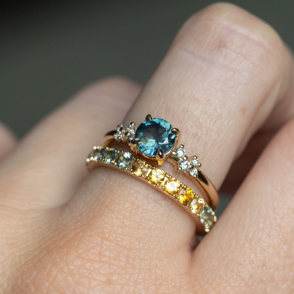 1.15ct Round Parti Teal Blue Green Montana Sapphire and Diamond Starry Night Low Profile Solitaire in 14k Yellow Gold