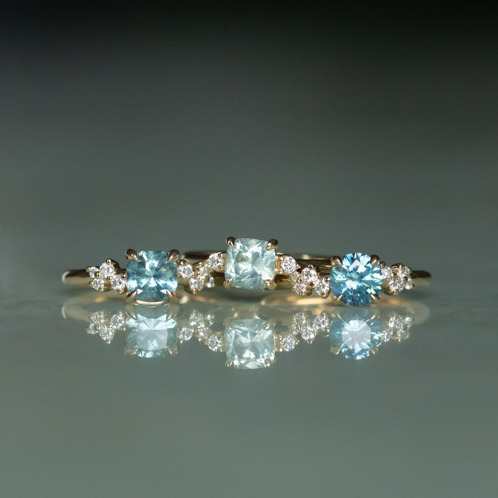 1.07ct Minty Seafoam Green Montana Sapphire and Diamond Dainty Three Stone Ring in 14k Yellow Gold