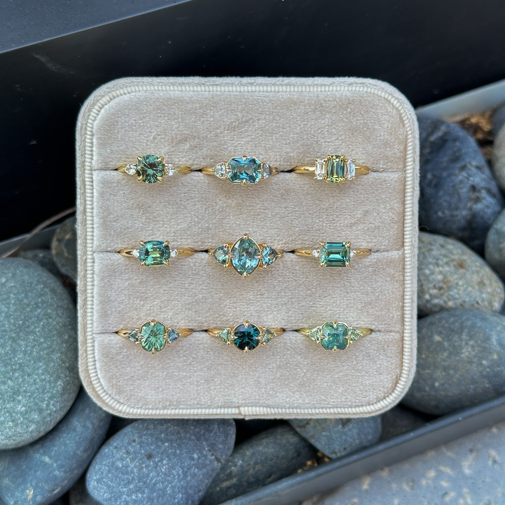 1.55ct Cushion Cut Montana Sapphire and Trillion Sapphire Antique Compass Set Low Profile Ring in 14k Yellow Gold