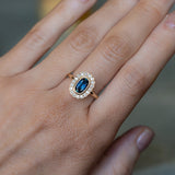 1.22ct Oval Blue Montana Sapphire Scalloped Antique Style Diamond Halo Ring in 14k Yellow Gold