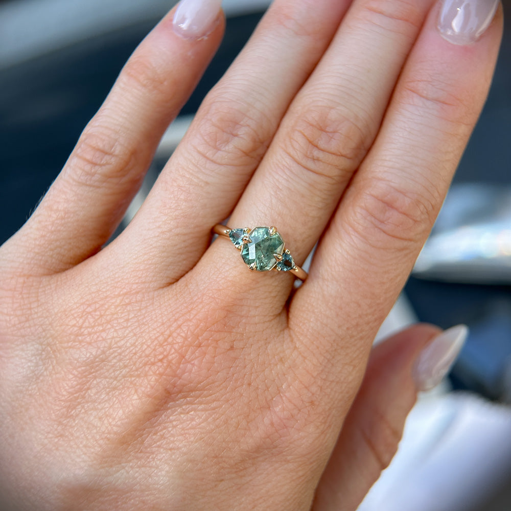 1.55ct Cushion Cut Montana Sapphire and Trillion Sapphire Antique Compass Set Low Profile Ring in 14k Yellow Gold
