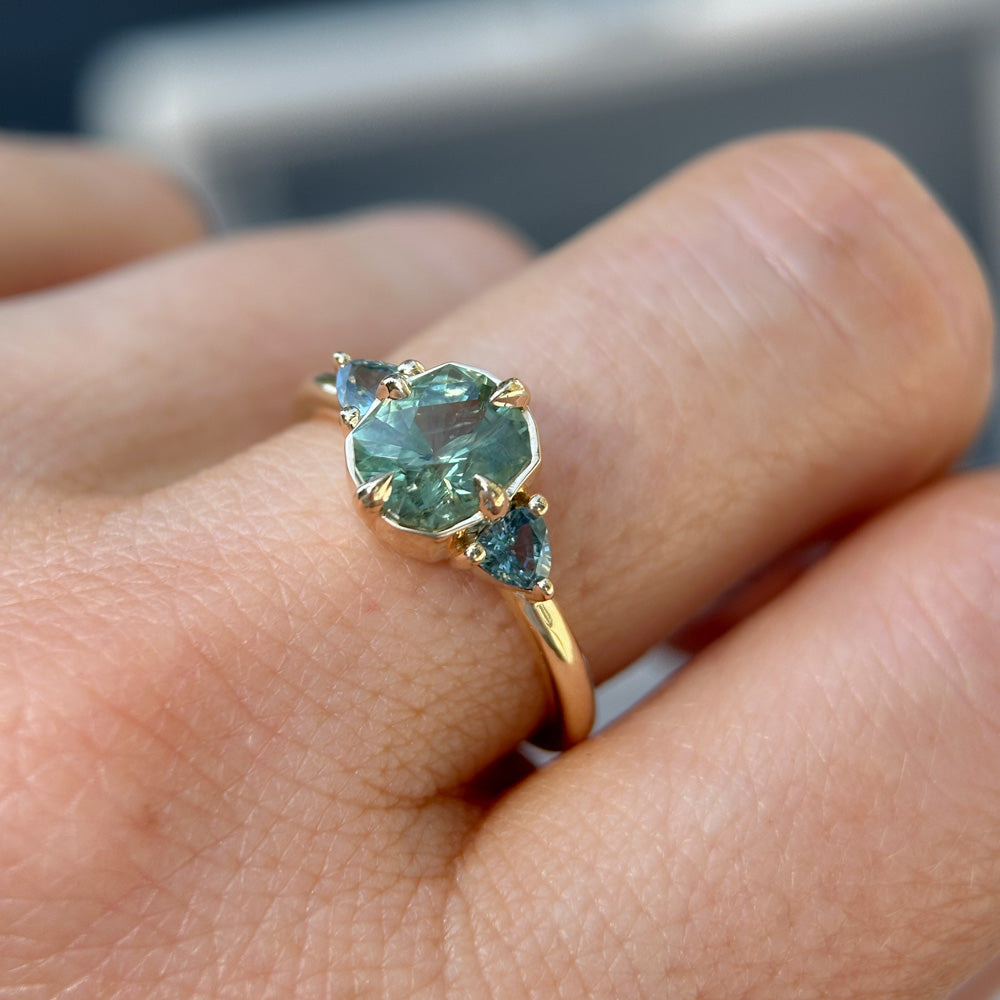 1.55ct Cushion Cut Montana Sapphire and Trillion Sapphire Antique Compass Set Low Profile Ring in 14k Yellow Gold