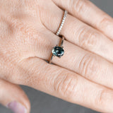 SET IN STOCK RING 1.36CT PRECISION CUT OVAL MONTANA SAPPHIRE, MEDIUM TEAL BLUE GREY, 7X5.4MM