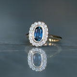 1.22ct Oval Blue Montana Sapphire Scalloped Antique Style Diamond Halo Ring in 14k Yellow Gold