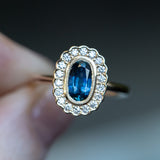 1.22ct Oval Blue Montana Sapphire Scalloped Antique Style Diamond Halo Ring in 14k Yellow Gold