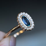 1.22ct Oval Blue Montana Sapphire Scalloped Antique Style Diamond Halo Ring in 14k Yellow Gold