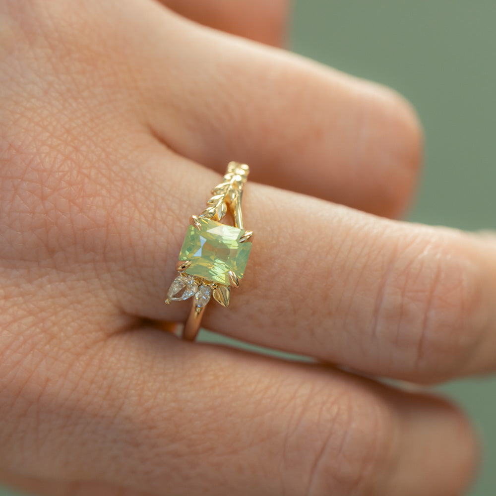 2.09ct Opalescent Green Radiant Cut Madagascar Sapphire in Wandering Vine Low Profile 4 Prong Setting with Diamonds in 14k Yellow