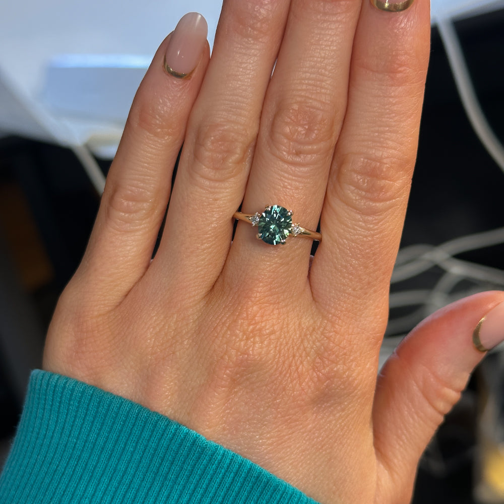 2.57ct Untreated Blue Wide Trillion Montana Sapphire and Antique Diamond Mountainscape Ring in 14k Yellow Gold