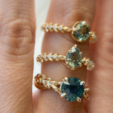 0.92ct Untreated Round Australian Parti Sapphire Low Profile 4 Prong Vine Solitaire with Diamonds in 18k Yellow