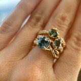 0.92ct Untreated Round Australian Parti Sapphire Low Profile 4 Prong Vine Solitaire with Diamonds in 18k Yellow