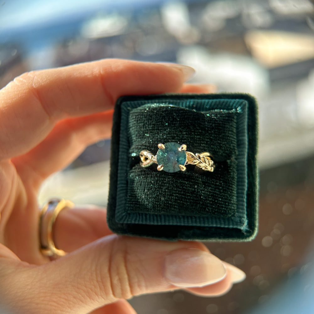 2.08ct Untreated Round Teal Sapphire Twisted Vine Split Shank Solitaire in 14k Yellow Gold with Diamonds