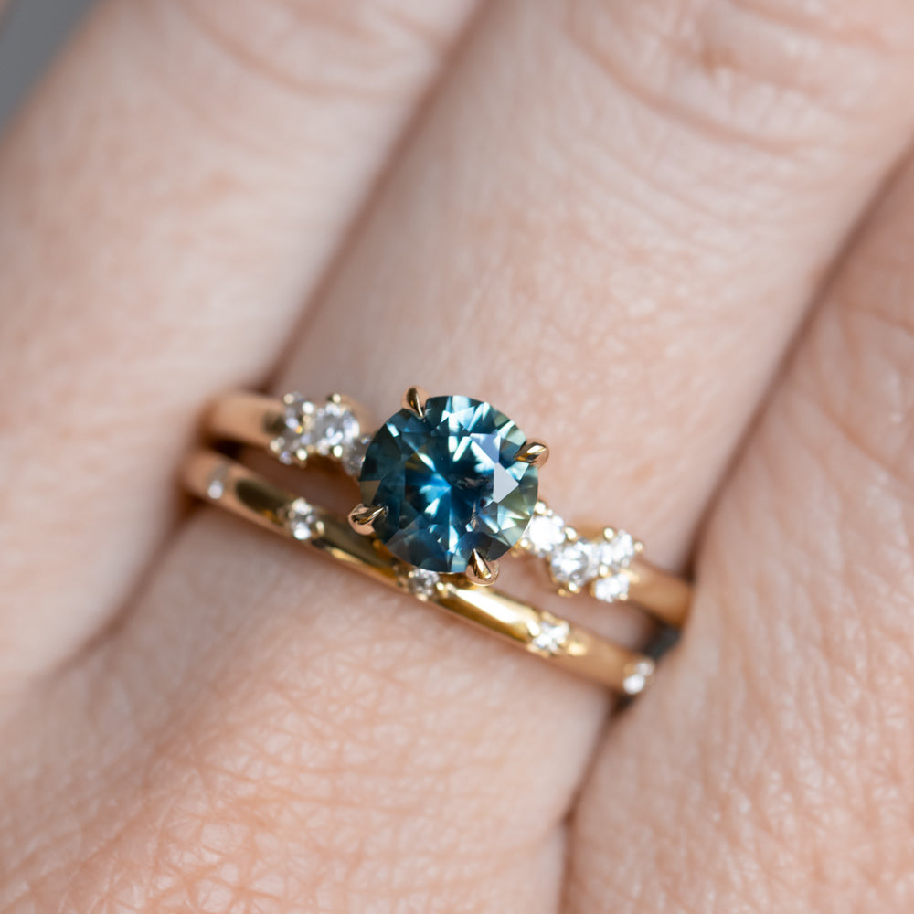 1.22ct Deep Teal Round Montana Sapphire and Diamond Starry Night Low Profile Solitaire in 14k Yellow Gold