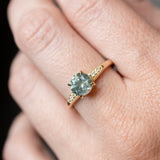 1.56ct Light Blue Green Montana Sapphire Four Prong Low Profile Milgrain and Diamond Ring in 14k Yellow Gold