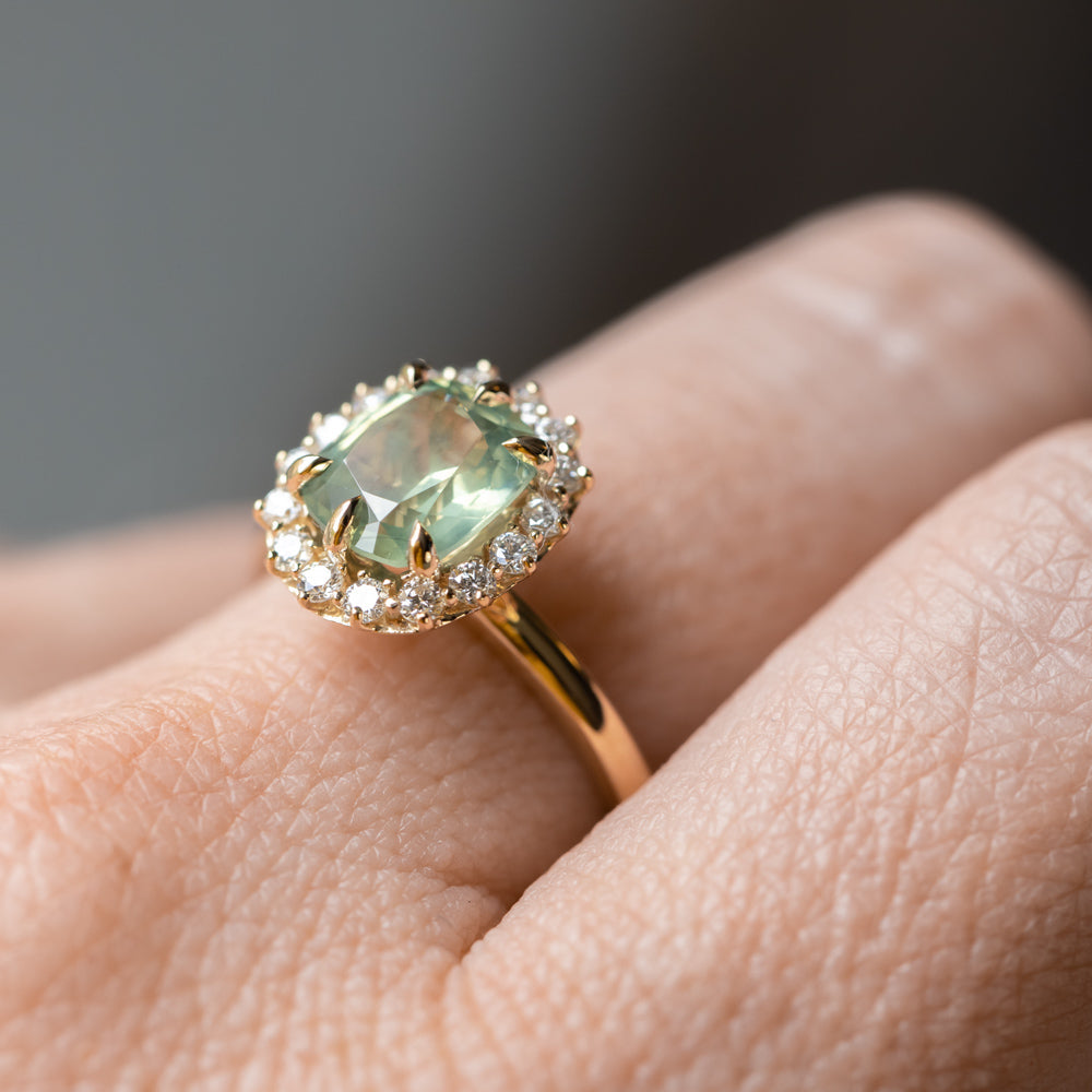 1.99ct "Old Mine Cushion" cut Silky Light Green Montana Sapphire Antique-Style Diamond Halo Ring in 14k Yellow Gold