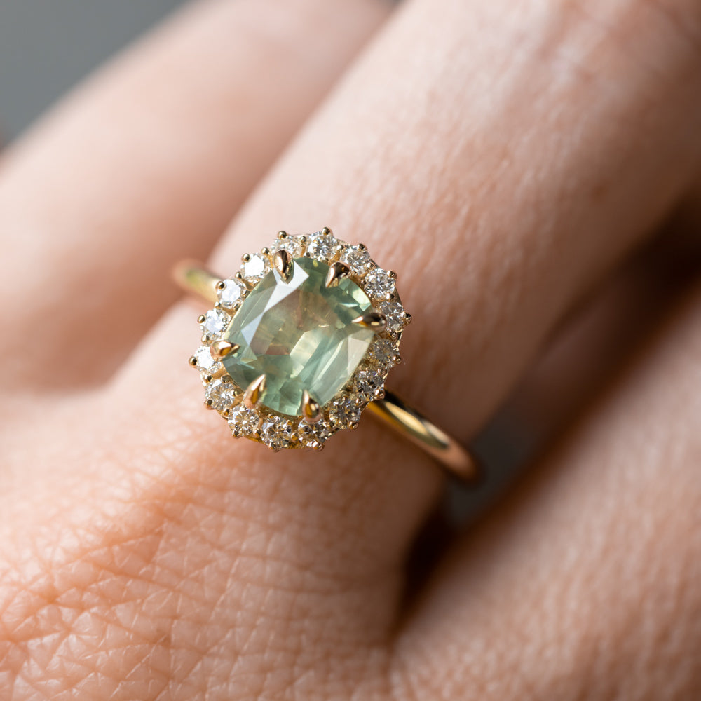 1.99ct "Old Mine Cushion" cut Silky Light Green Montana Sapphire Antique-Style Diamond Halo Ring in 14k Yellow Gold