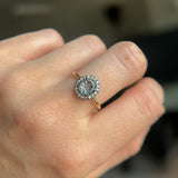 1.40ct Fantasy Carved Untreated Montana Sapphire and Antiqued Diamond Halo ring in 14k Yellow Gold