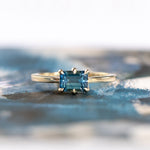 1.36ct Parti Blue Emerald Cut Montana Sapphire Low Profile East West Solitaire in 14k Yellow Gold