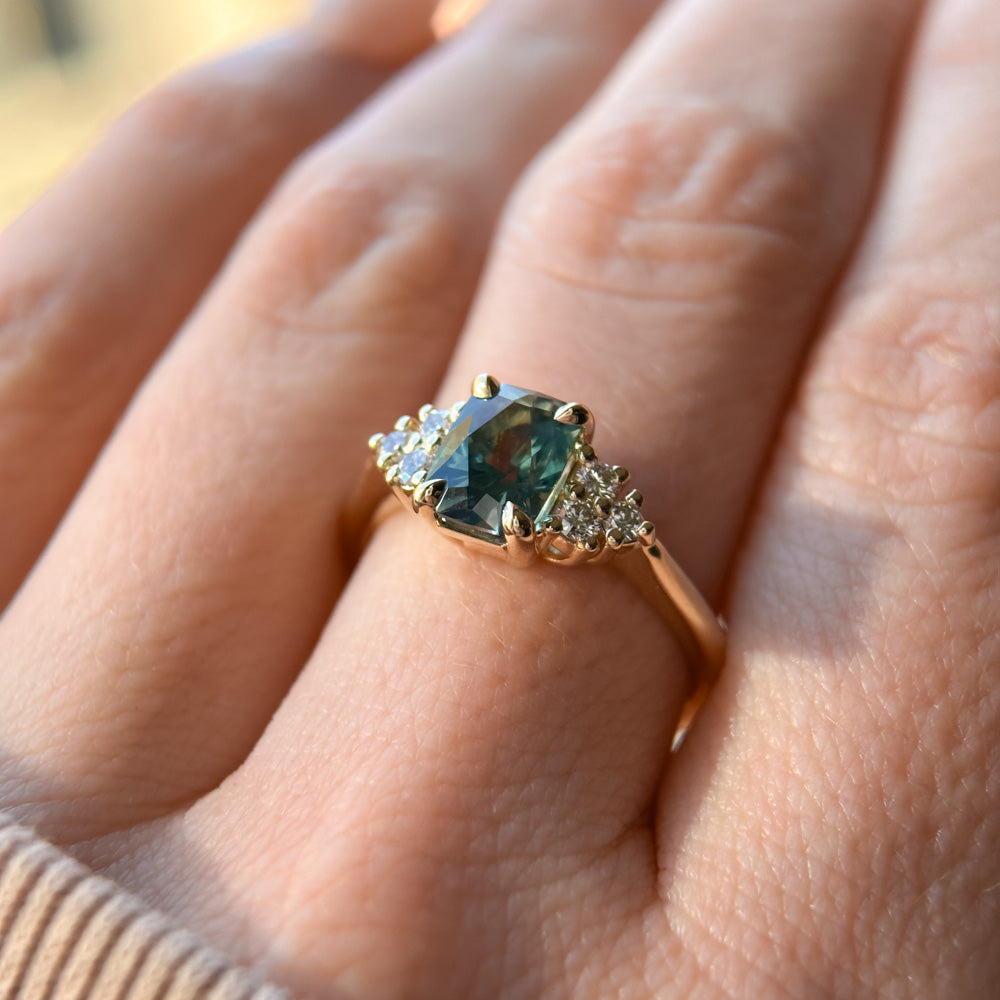 1.55ct Precision Radiant Cut Teal Montana Sapphire and Diamond Cluster Evergreen Ring in 14k Yellow Gold