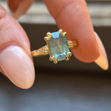 3.62ct Untreated Emerald Cut Montana Sapphire and Diamond Vintage Cathedral Double Prong Ring in 18k Yellow Gold