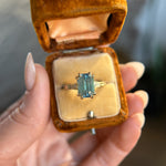 3.62ct Untreated Emerald Cut Montana Sapphire and Diamond Vintage Cathedral Double Prong Ring in 18k Yellow Gold