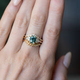 1.55ct Precision Radiant Cut Teal Montana Sapphire and Diamond Cluster Evergreen Ring in 14k Yellow Gold