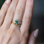 1.55ct Precision Radiant Cut Teal Montana Sapphire and Diamond Cluster Evergreen Ring in 14k Yellow Gold