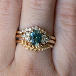 1.55ct Precision Radiant Cut Teal Montana Sapphire and Diamond Cluster Evergreen Ring in 14k Yellow Gold