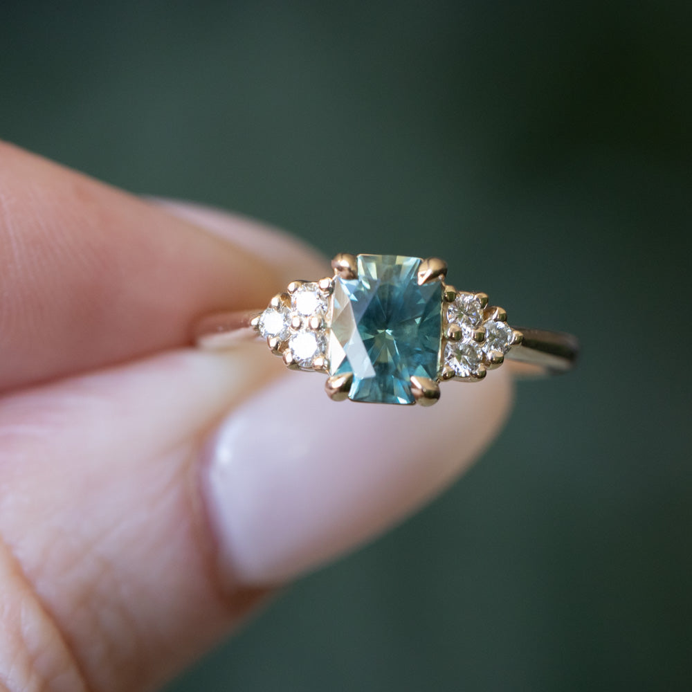 1.55ct Precision Radiant Cut Teal Montana Sapphire and Diamond Cluster Evergreen Ring in 14k Yellow Gold