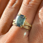 3.62ct Untreated Emerald Cut Montana Sapphire and Diamond Vintage Cathedral Double Prong Ring in 18k Yellow Gold