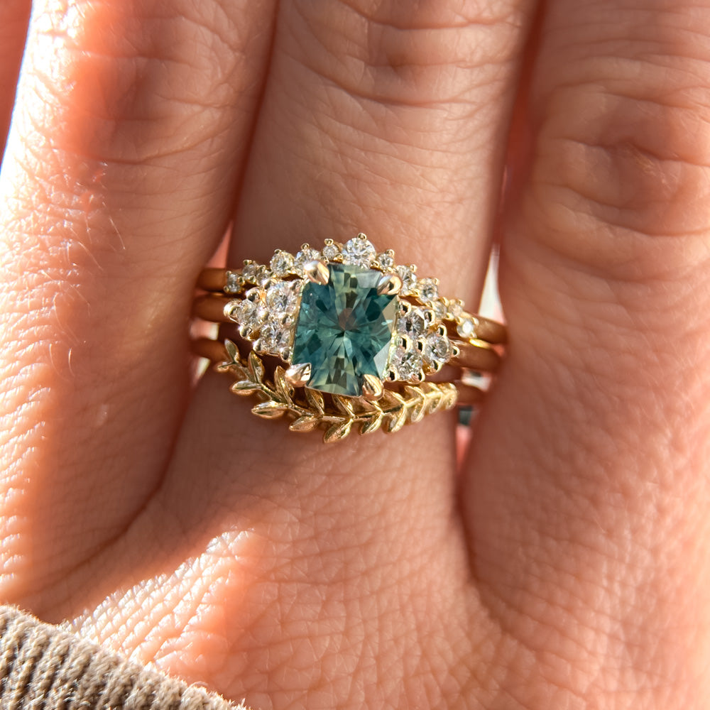 1.55ct Precision Radiant Cut Teal Montana Sapphire and Diamond Cluster Evergreen Ring in 14k Yellow Gold