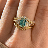 1.55ct Precision Radiant Cut Teal Montana Sapphire and Diamond Cluster Evergreen Ring in 14k Yellow Gold