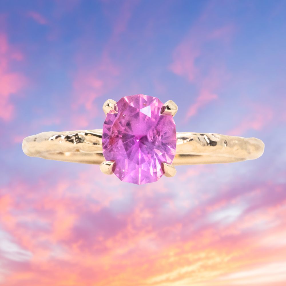 1.35ct Oval Hot Pink Montana Sapphire Evergreen Carved 4 Prong Solitaire in 14k Yellow Gold