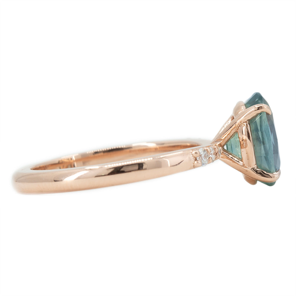 2.50ct Teal Montana Sapphire Solitaire with Tapered Diamonds in 14k Rose Gold